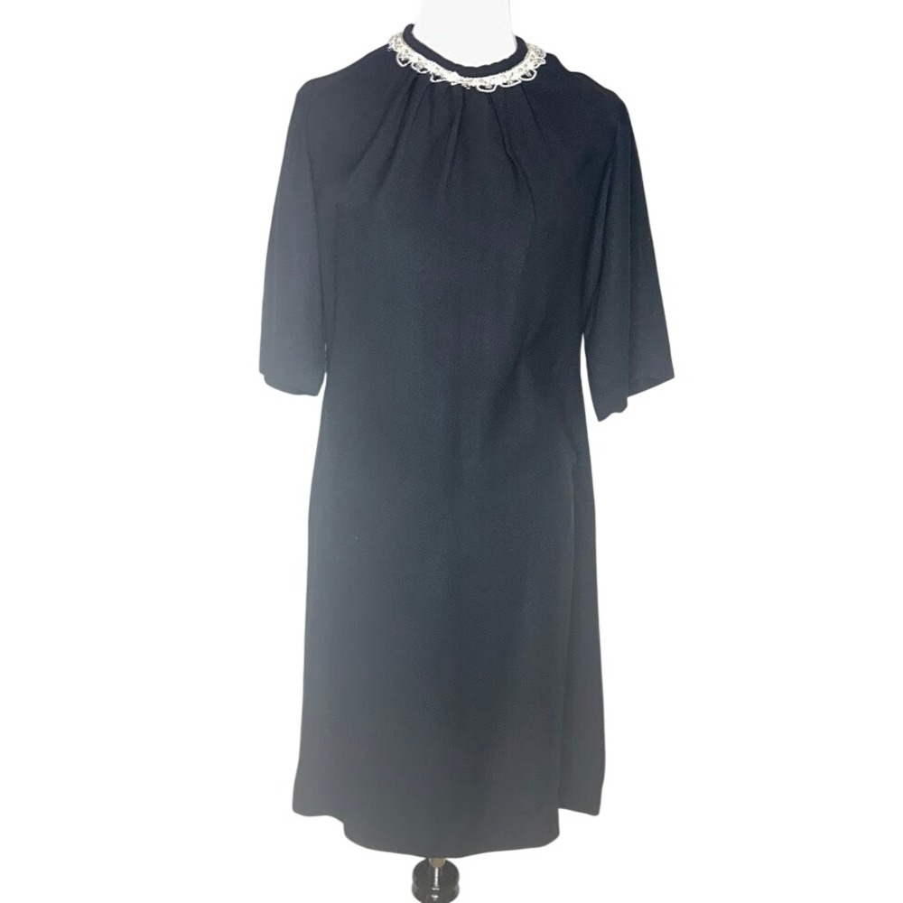 Vintage Betty Hartford Black Crepe Shift Dress Faux Pearl Beaded Collar 60s Mod